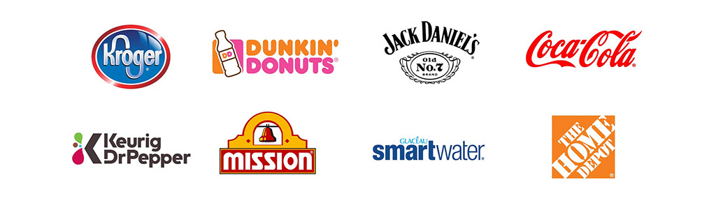 Client brands: Kroger, Dunkin', Jack Daniel's, Coca-Cola, Keurig Dr Pepper, Mission, Smartwater, Home Depot