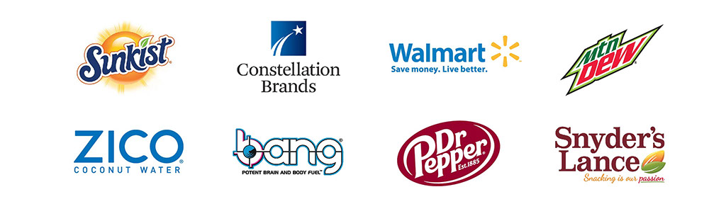 Client brands: Sunkist, Constellation Brands, Walmart, Mtn Dew, ZICO, Bang, Dr Pepper, Snyder's-Lance